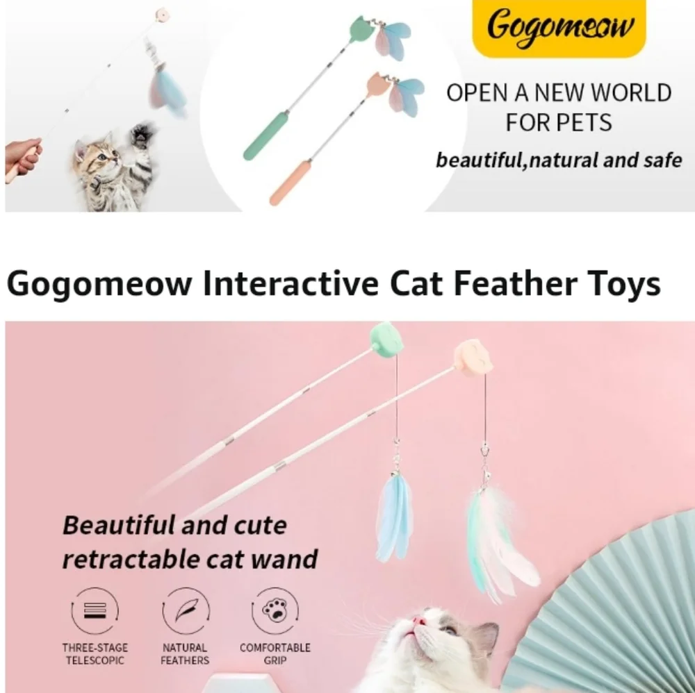 Interactive Cat Feather Toys, Retractable Cat Teaser Wand and Rope Toy with 2PC